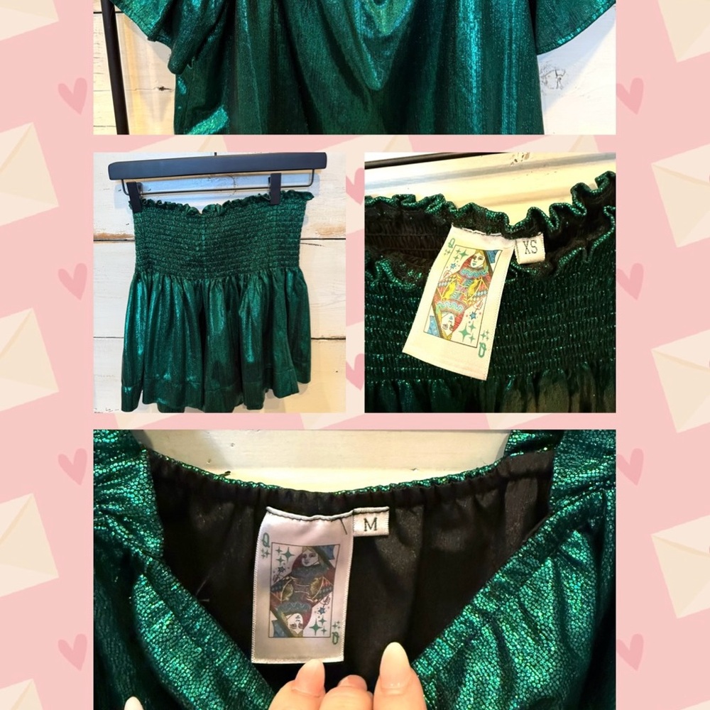 QUEEN OF SPARKLES Green Sequin Smocked Mini Blouse